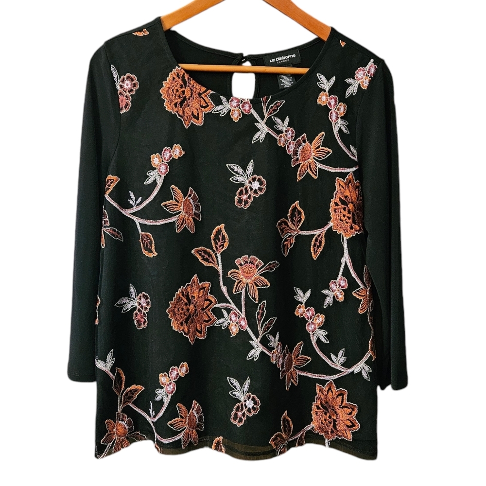 Liz Claiborne Career Women's Embroidered Top Size Medium Floral Black Rust